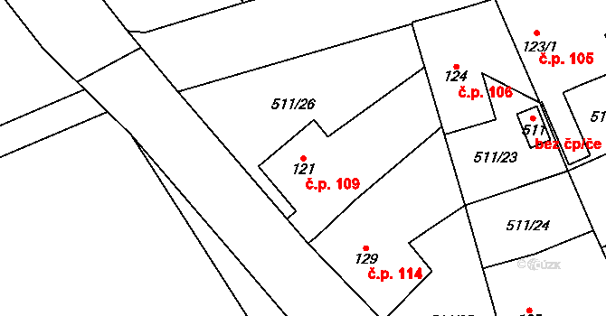 Tlustice 109 na parcele st. 121 v KÚ Tlustice, Katastrální mapa