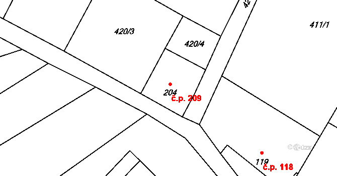 Dukovany 209 na parcele st. 204 v KÚ Dukovany, Katastrální mapa
