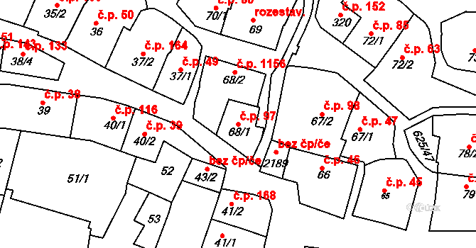 Podklášteří 97, Třebíč na parcele st. 68/1 v KÚ Podklášteří, Katastrální mapa