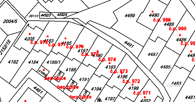 Komín 974, Brno na parcele st. 4190 v KÚ Komín, Katastrální mapa