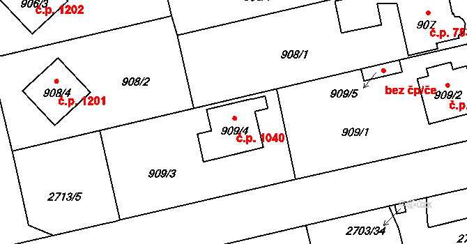 Pelhřimov 1040 na parcele st. 909/4 v KÚ Pelhřimov, Katastrální mapa