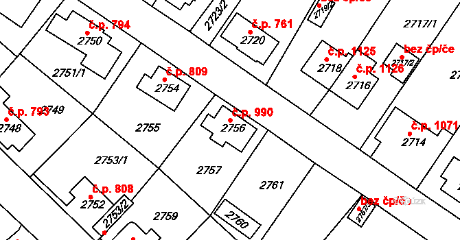 Sokolov 990 na parcele st. 2756 v KÚ Sokolov, Katastrální mapa