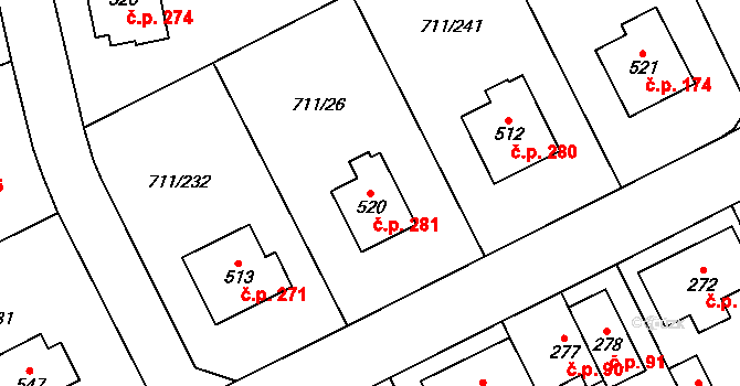 Daliměřice 281, Turnov na parcele st. 520 v KÚ Daliměřice, Katastrální mapa