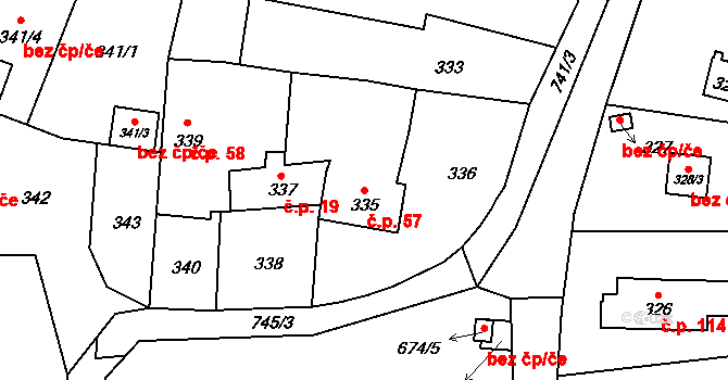 Přední Kopanina 57, Praha na parcele st. 335 v KÚ Přední Kopanina, Katastrální mapa