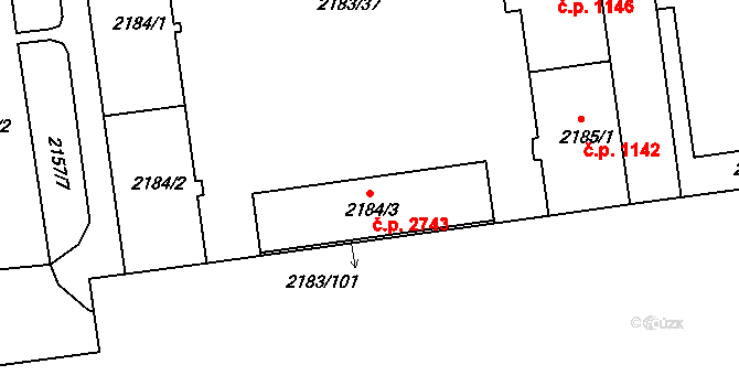 Žižkov 2743, Praha na parcele st. 2184/3 v KÚ Žižkov, Katastrální mapa