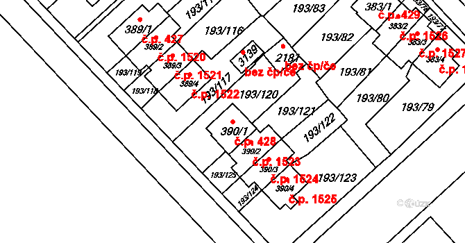 Sezimovo Ústí 428 na parcele st. 390/1 v KÚ Sezimovo Ústí, Katastrální mapa