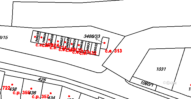 Střelice 136 na parcele st. 3466/32 v KÚ Střelice u Brna, Katastrální mapa