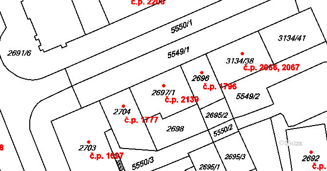 Východní Předměstí 2139, Plzeň na parcele st. 2697/1 v KÚ Plzeň, Katastrální mapa