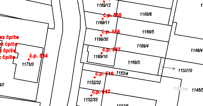 Plumlov 557 na parcele st. 1169/10 v KÚ Plumlov, Katastrální mapa