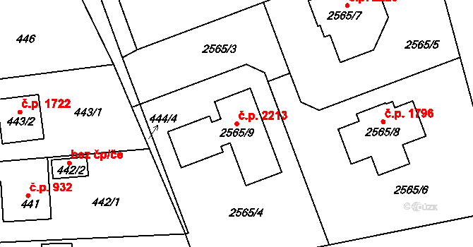 Roztoky 2213 na parcele st. 2565/9 v KÚ Roztoky u Prahy, Katastrální mapa