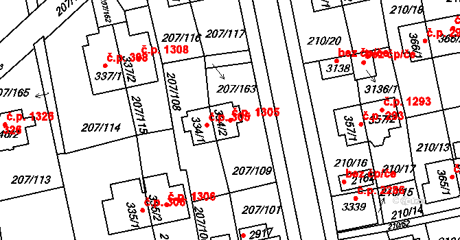Sezimovo Ústí 1305 na parcele st. 334/2 v KÚ Sezimovo Ústí, Katastrální mapa