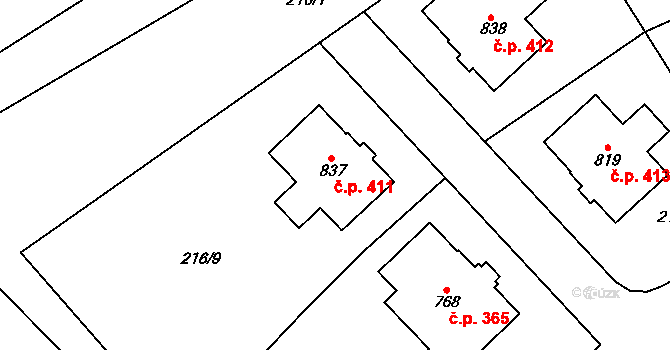 Statenice 411 na parcele st. 837 v KÚ Statenice, Katastrální mapa