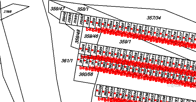 Rousínov 105 na parcele st. 360/9 v KÚ Rousínov u Vyškova, Katastrální mapa