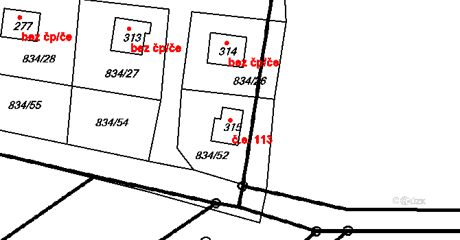 Smrkovice 113, Písek na parcele st. 315 v KÚ Smrkovice, Katastrální mapa