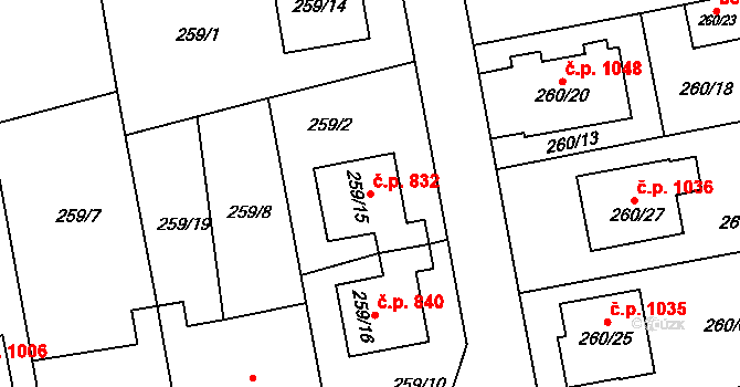Kylešovice 832, Opava na parcele st. 259/15 v KÚ Kylešovice, Katastrální mapa
