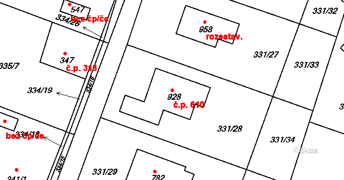 Hýskov 610 na parcele st. 928 v KÚ Hýskov, Katastrální mapa