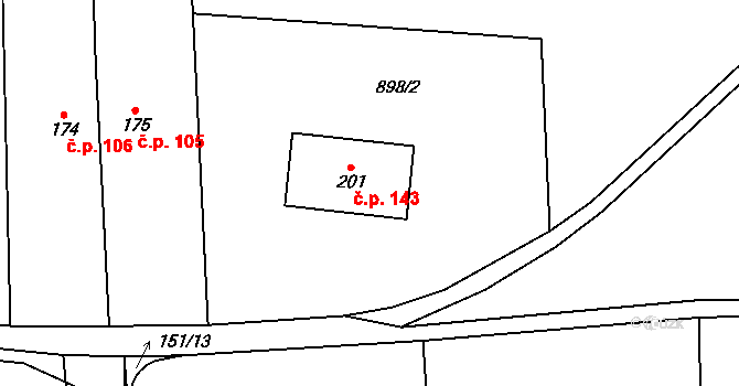 Prosetín 143 na parcele st. 201 v KÚ Prosetín u Hlinska, Katastrální mapa