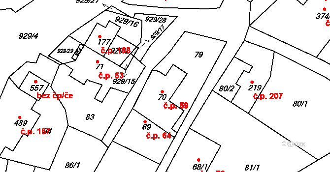 Hýskov 59 na parcele st. 70 v KÚ Hýskov, Katastrální mapa