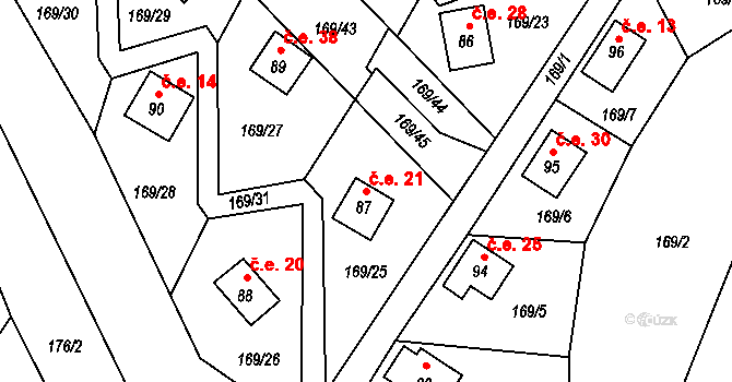 Pivonín 21, Zábřeh na parcele st. 87 v KÚ Pivonín, Katastrální mapa