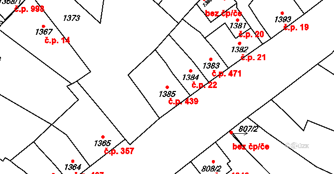 Podivín 439 na parcele st. 1385 v KÚ Podivín, Katastrální mapa