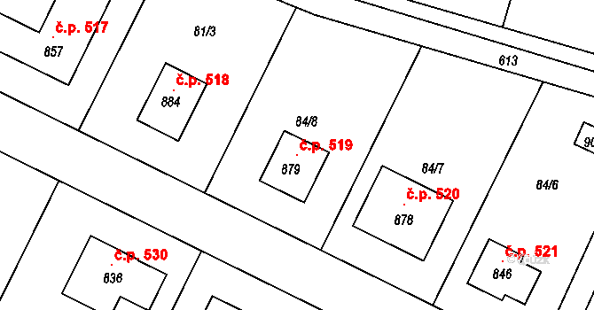 Dobroměřice 519 na parcele st. 879 v KÚ Dobroměřice, Katastrální mapa