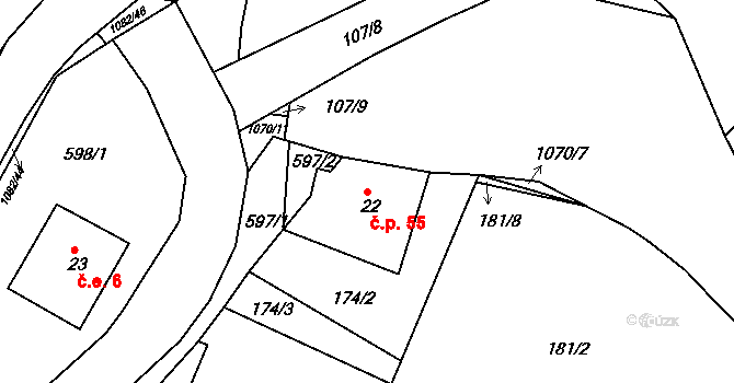 Rožany 55, Šluknov na parcele st. 22 v KÚ Rožany, Katastrální mapa