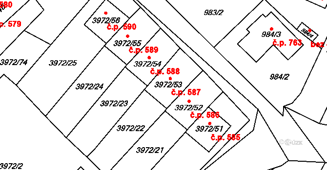 Žižkov 587, Kutná Hora na parcele st. 3972/53 v KÚ Kutná Hora, Katastrální mapa