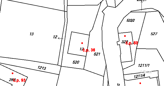 Skuhrov 36 na parcele st. 12 v KÚ Skuhrov u Železného Brodu, Katastrální mapa