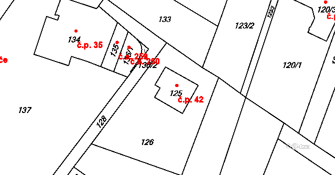 Hruškové Dvory 42, Jihlava na parcele st. 125 v KÚ Hruškové Dvory, Katastrální mapa