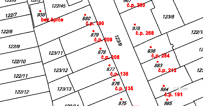 Telč-Štěpnice 208, Telč na parcele st. 878 v KÚ Telč, Katastrální mapa