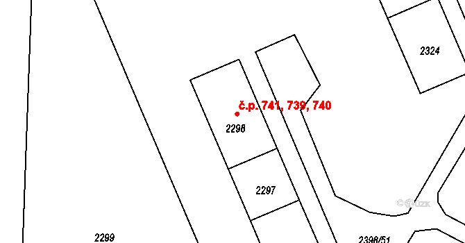 Nový Bor 739,740,741 na parcele st. 2298 v KÚ Nový Bor, Katastrální mapa