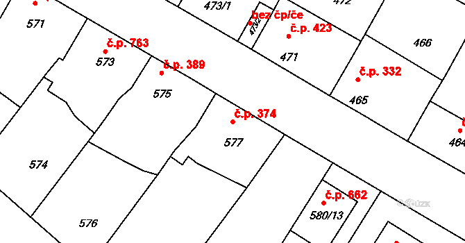 Vacenovice 374 na parcele st. 577 v KÚ Vacenovice u Kyjova, Katastrální mapa