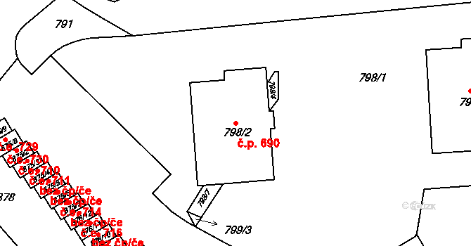 Vyškov-Předměstí 690, Vyškov na parcele st. 798/2 v KÚ Vyškov, Katastrální mapa