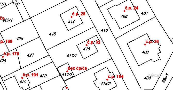 Srby 32, Tuchlovice na parcele st. 416 v KÚ Srby u Tuchlovic, Katastrální mapa