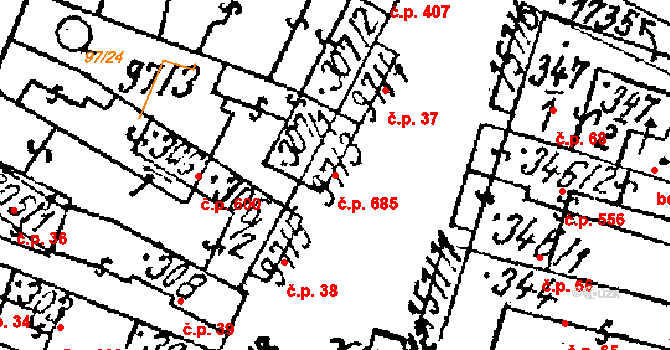 Lanžhot 685 na parcele st. 307/1 v KÚ Lanžhot, Katastrální mapa