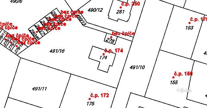 Černožice 174 na parcele st. 174 v KÚ Černožice nad Labem, Katastrální mapa