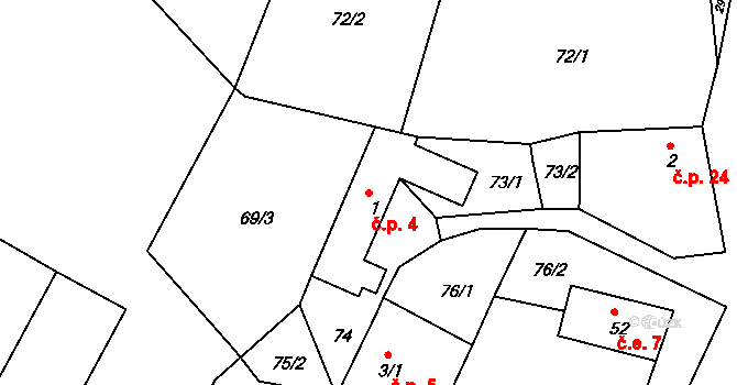 Kozov 4, Bouzov na parcele st. 1 v KÚ Kozov, Katastrální mapa