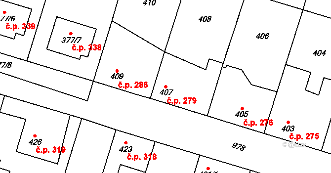 Kostomlaty nad Labem 279 na parcele st. 407 v KÚ Kostomlaty nad Labem, Katastrální mapa