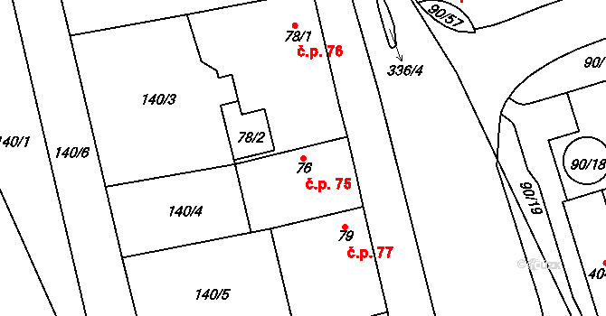 Přední Lhota 75, Poděbrady na parcele st. 76 v KÚ Přední Lhota u Poděbrad, Katastrální mapa
