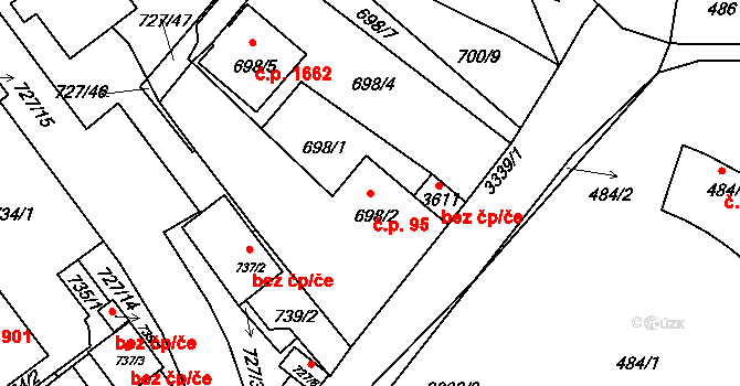 Pelhřimov 95 na parcele st. 698/2 v KÚ Pelhřimov, Katastrální mapa