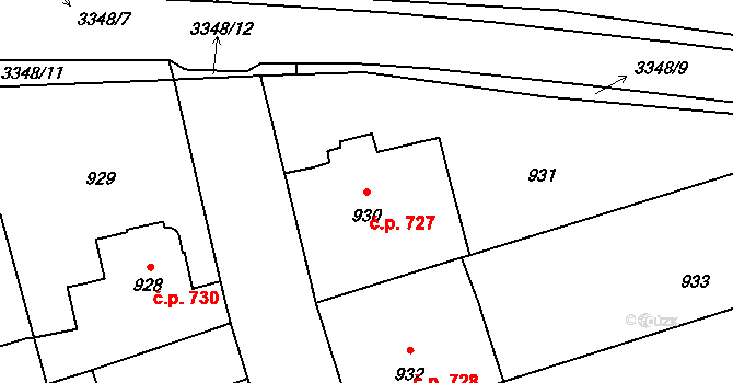 Pelhřimov 727 na parcele st. 930 v KÚ Pelhřimov, Katastrální mapa
