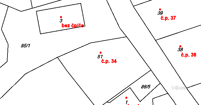 Karlova Ves 34 na parcele st. 51 v KÚ Karlova Ves, Katastrální mapa