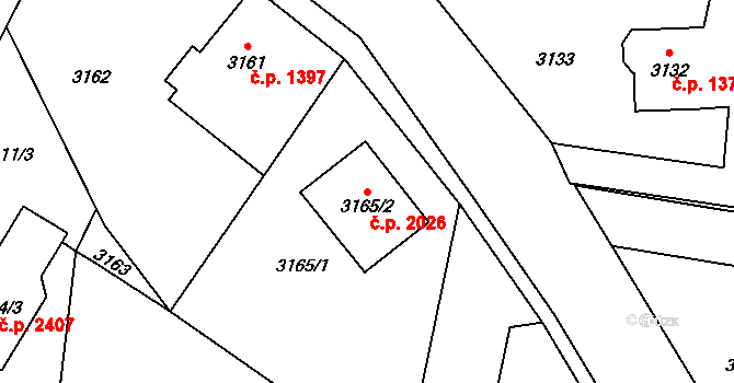 Horní Počernice 2026, Praha na parcele st. 3165/2 v KÚ Horní Počernice, Katastrální mapa