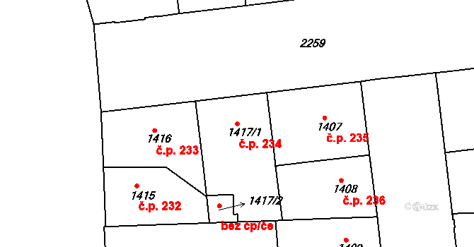 Holešovice 234, Praha na parcele st. 1417/1 v KÚ Holešovice, Katastrální mapa
