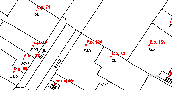 Sezimovo Ústí 126 na parcele st. 53/1 v KÚ Sezimovo Ústí, Katastrální mapa