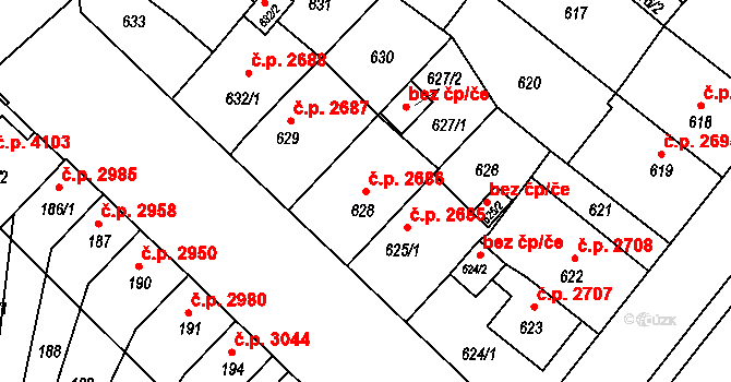 Chomutov 2686 na parcele st. 628 v KÚ Chomutov II, Katastrální mapa