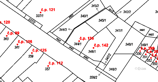 Horákov 136, Mokrá-Horákov na parcele st. 344/1 v KÚ Horákov, Katastrální mapa
