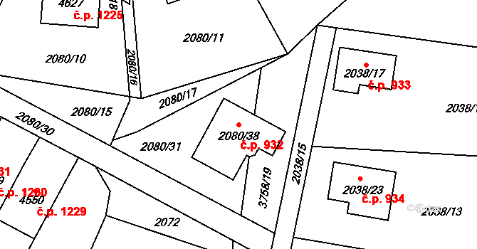 Žamberk 932 na parcele st. 2080/38 v KÚ Žamberk, Katastrální mapa