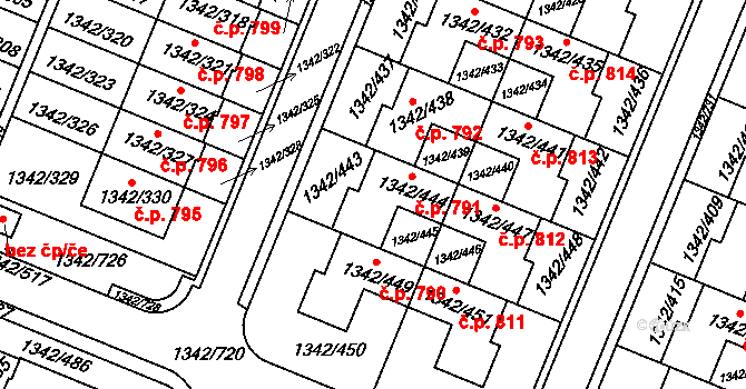 Jinonice 791, Praha na parcele st. 1342/444 v KÚ Jinonice, Katastrální mapa