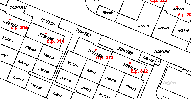 Popůvky 313 na parcele st. 709/168 v KÚ Popůvky u Brna, Katastrální mapa